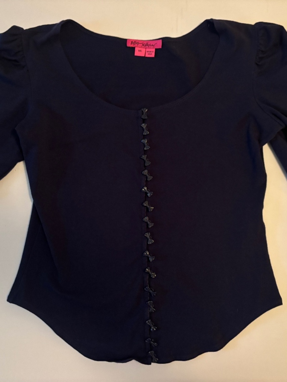 Vintage Betsey Johnson Navy Babydoll Puff Quarter Sleeves Corset Blouse